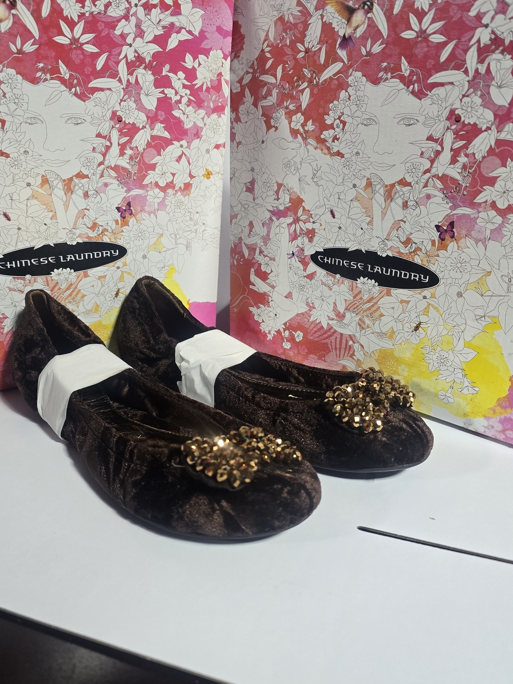 Chinese Laundry Dark Brown Velvet Flats with Gold Sequin Embellishment